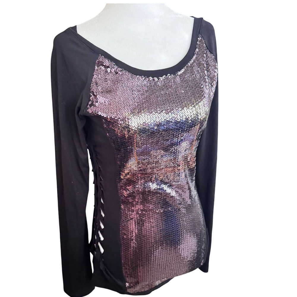 Sturgis '09 woman's black Biker babe long sleeve top Med hidden sequence EUC - Picture 4 of 8